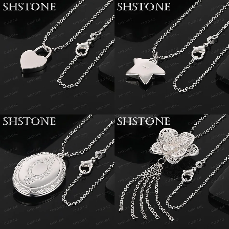 

Fashion 925 Sterling Silver Flower Star Oval Photo Frame Heart Pendant Necklace Men And Women Wedding Party High Quality Jewelry