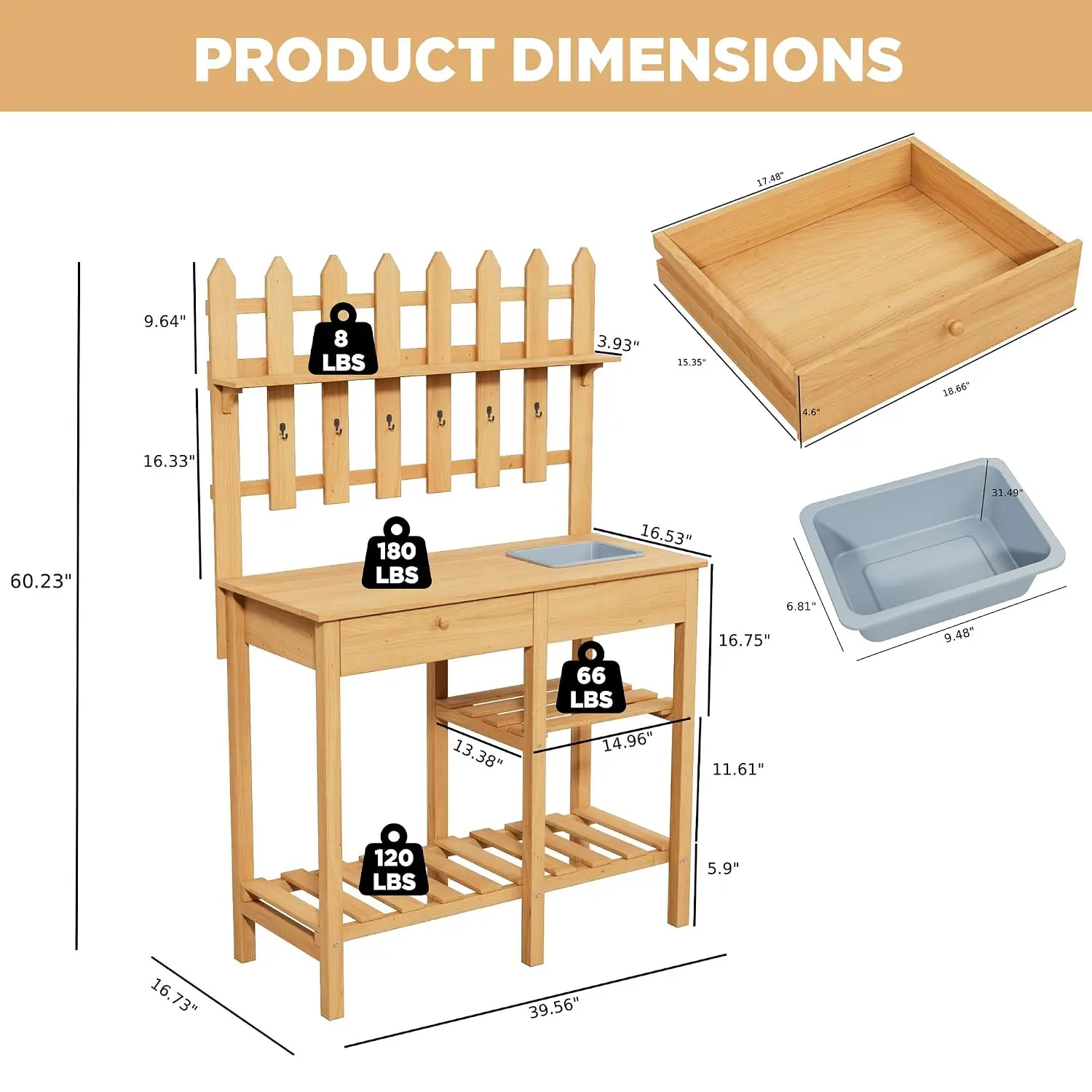Outdoor Potting Bench, Wooden Potting Table with Built-in Sink