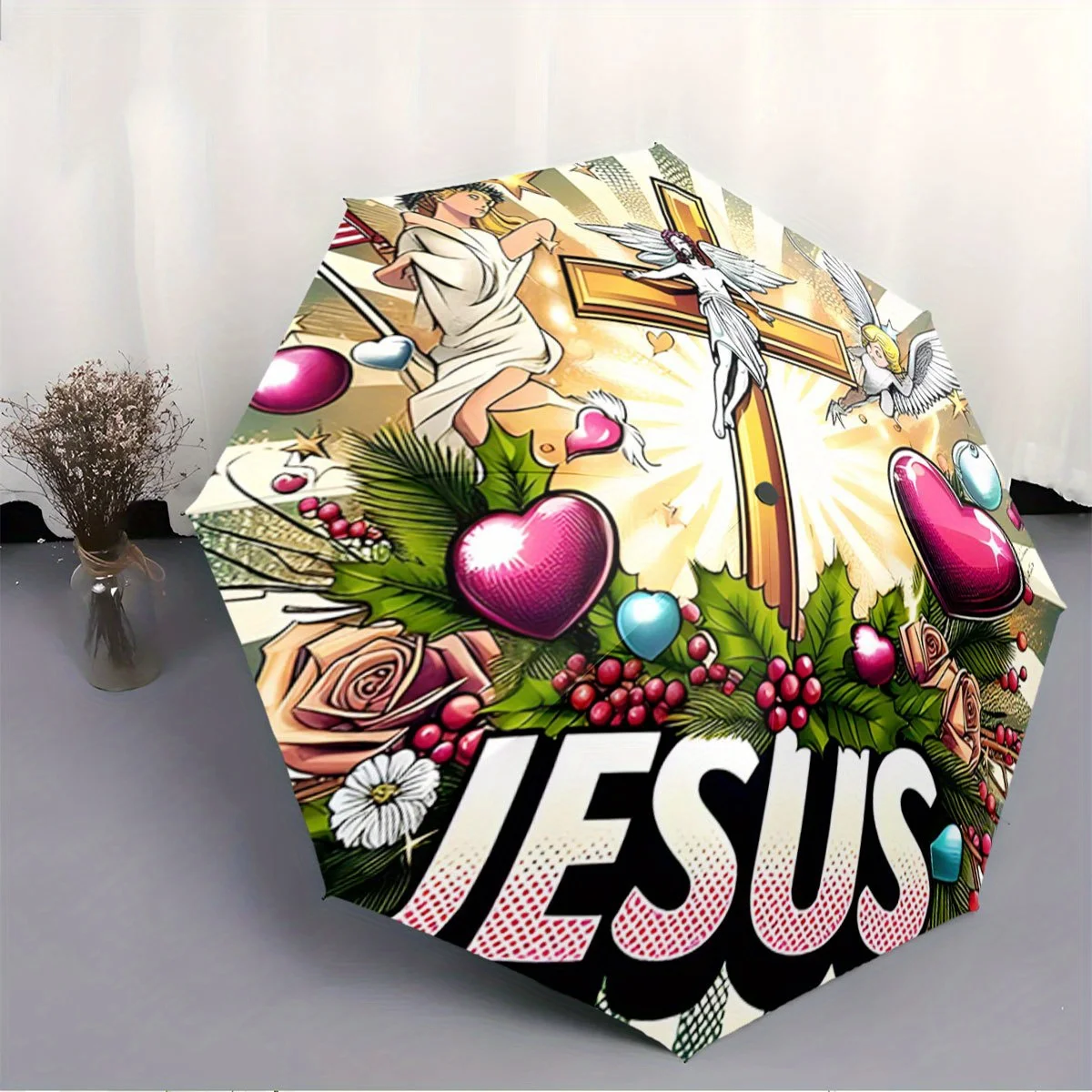 

Автоматический складной зонт с 8 спицами, компактный дизайн - прочный христианский зонт с изображением Иисуса, ангелов (1 шт.)