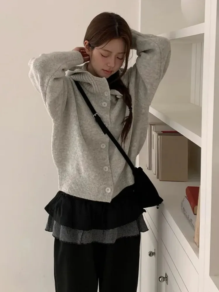 Laid-ba Sle вязаный кардиган с капюшоном на одной пуговице, женский осенний свитер 2023, новый однотонный топ маленького размера