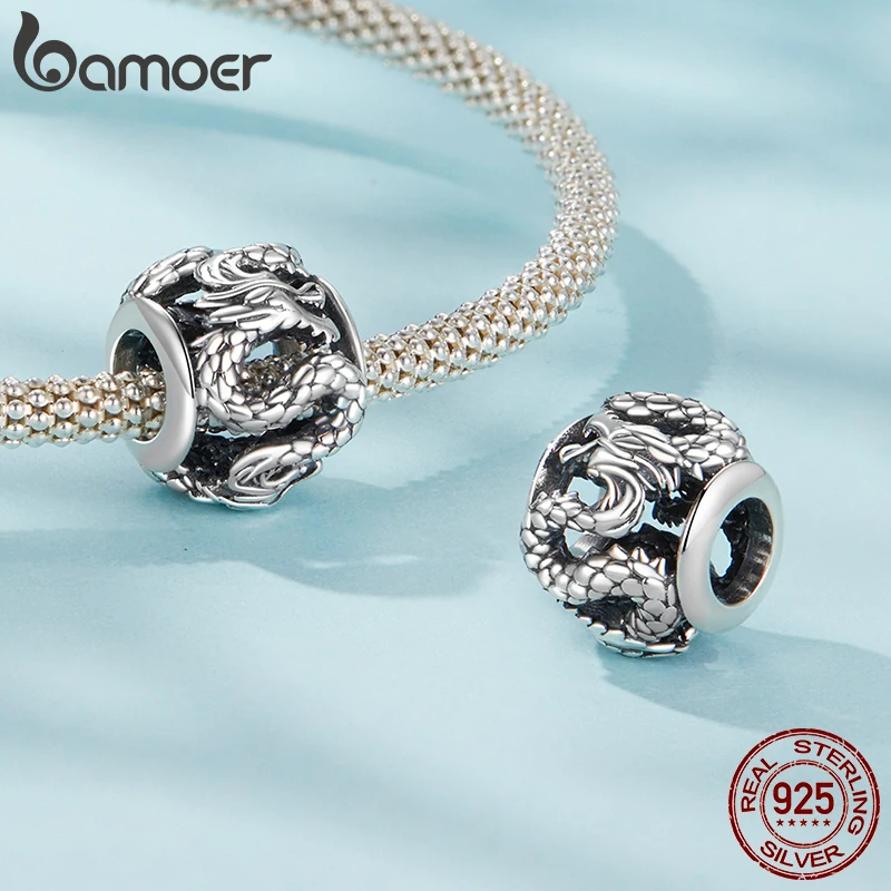 BAMOER 925 Sterling Silver Phoenix Flying Dragon Charm Bead Fit Original Bracelet, Round Hollow Beads DIY Jewelry Accessories