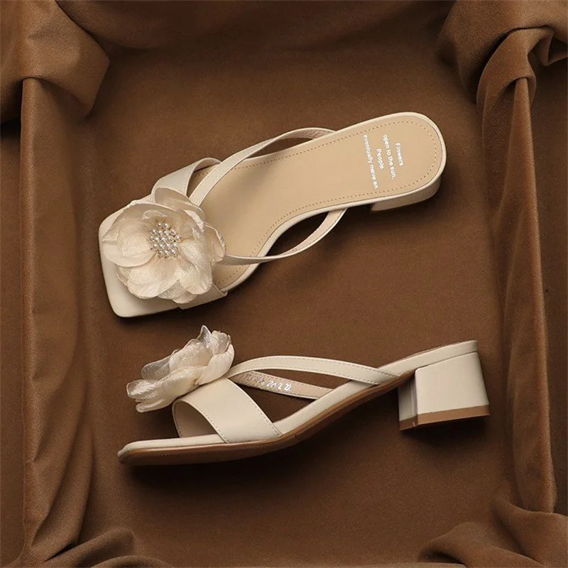 

Flower Slippers Women Shoes Summer 2025 New Square Toe Sandals Woman High Heels Dress Party Pumps Sexy Slides Chaussure Femme