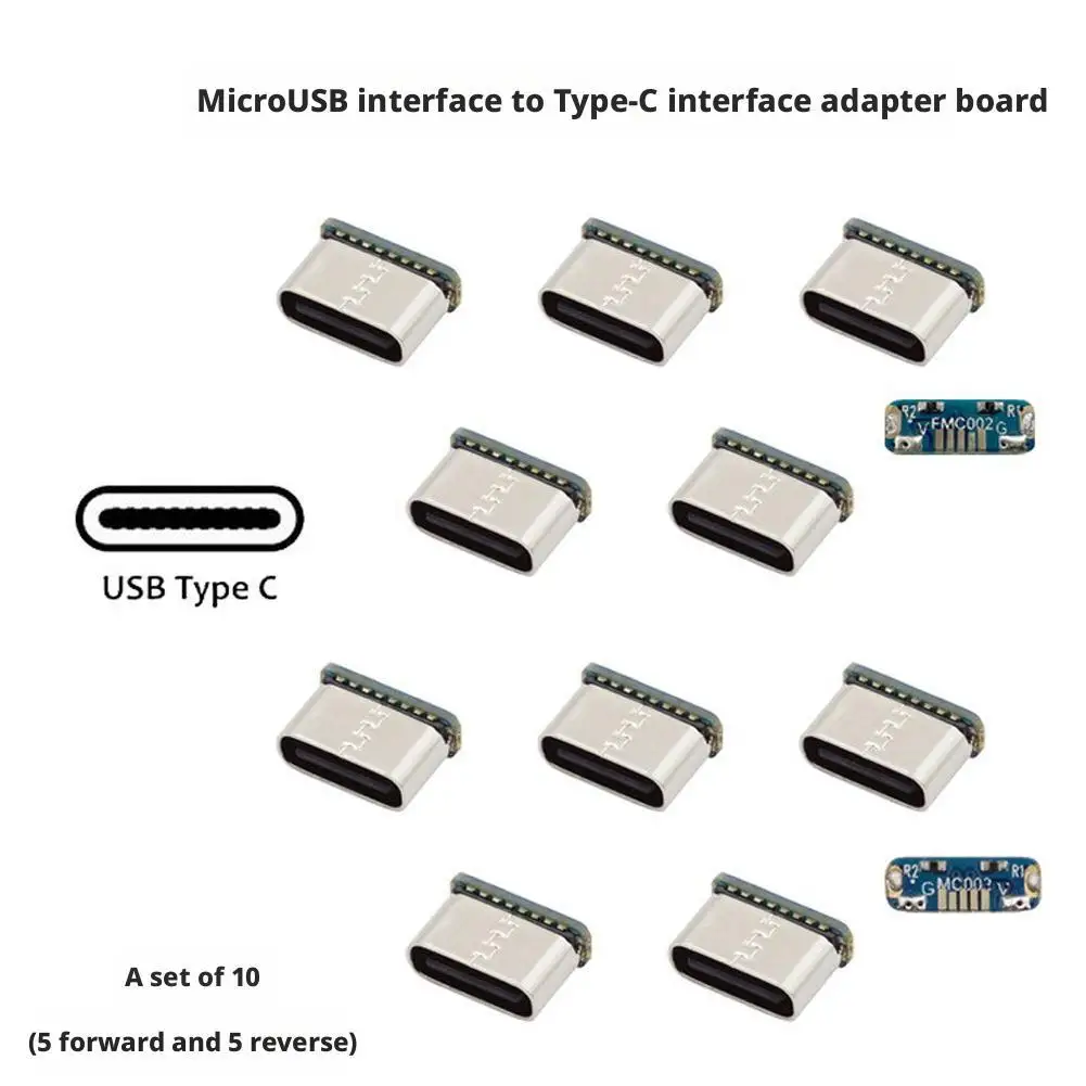 Placa adaptadora microUSB para TypeC, peças de reparo e modificação diy, suporta carregamento e transferência de dados USB 2.0 com 10 peças