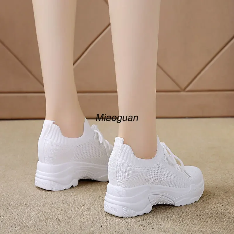 Hidden Heels White Women Fashion Breath Mesh Casual Platform Sneakers Surface Shoes 2024 New Thick Bottom Footwear Round Head