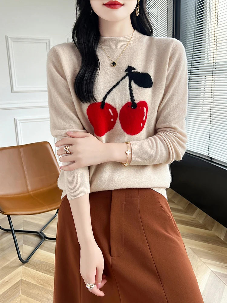 Cherry Jacquard 100% Merino Wool Women's Cashmere Sweater O-neck Neck Pullover Autumn Winter  Knitwear  Sweater Knitwear Korean