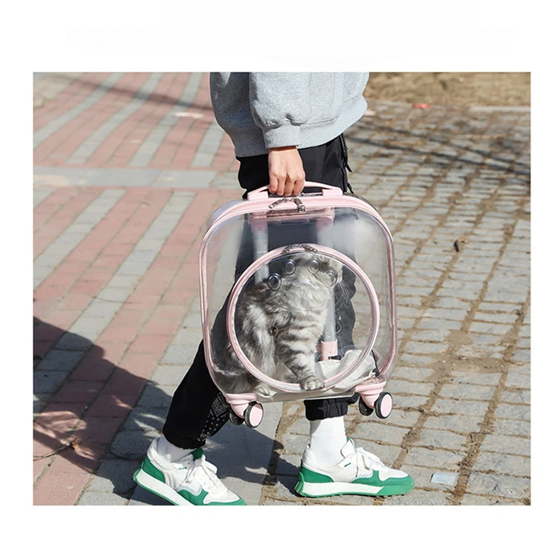 Pet Dog Cat Trolley Suitcase Luggage with Wheels Carrying Transparent Suitcase Breathable Pet Cat Carrier Backpack Pet Stroller