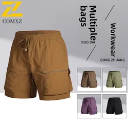 Men's Nylon Ice Silk Cargo Shorts 5-Pocket Summer Quick-Dry Casual Workout Shorts Trendy Zipper Mid-Length Streetwear
