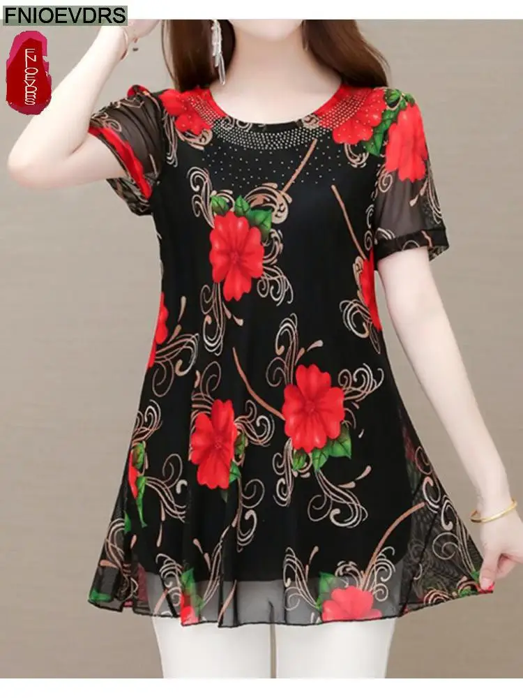 2022 Summer Short Sleeve Loose Lazy Clothes Floral Women Vintage Blouses Long Shirt Female Casual Peplum Tunic Retro Sequin Tops