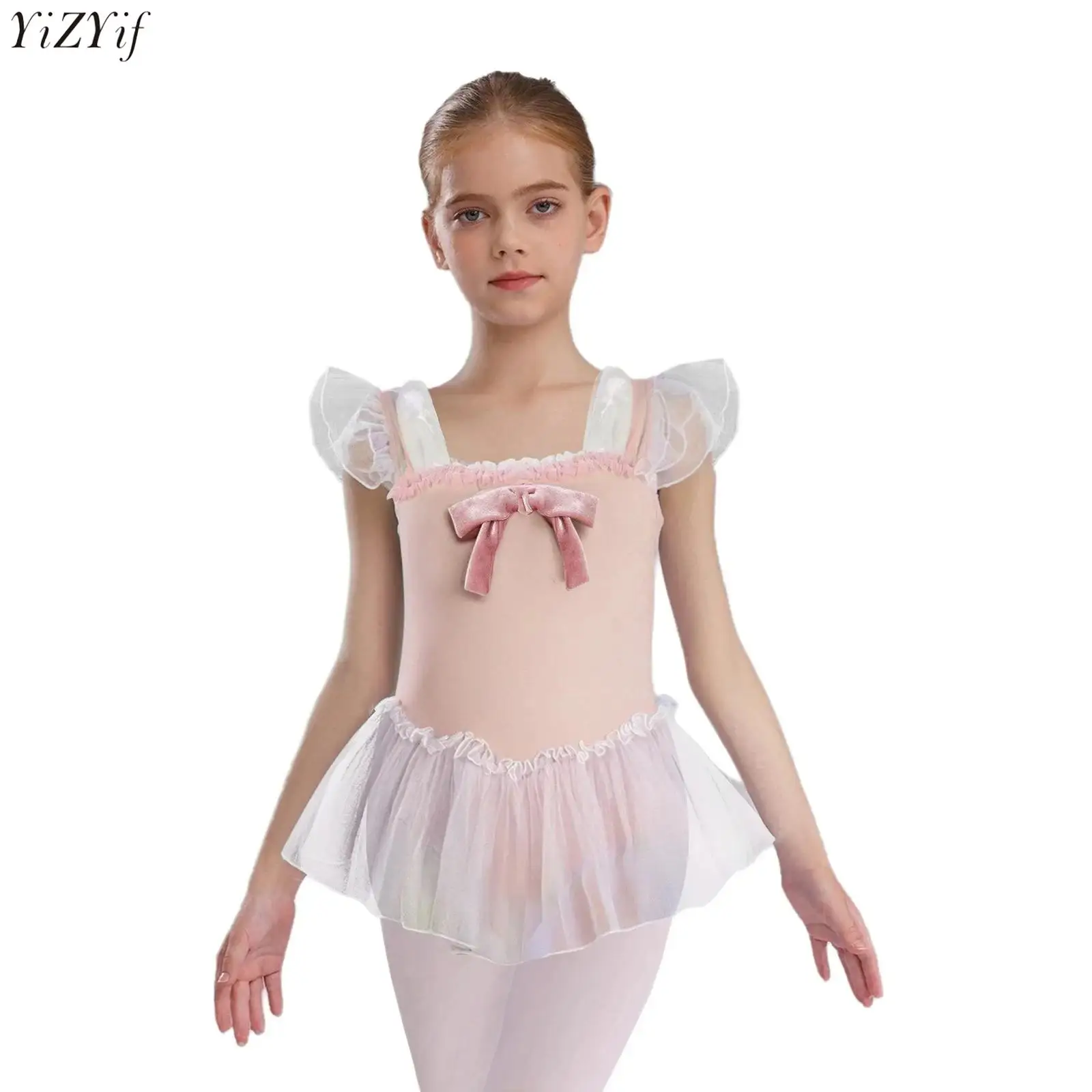

Girls Ballet Leotard Dress Velvet Rabbit Ears Bowknot Long/Ruffled Sleeve Square Neck Tutu Dress for Dance Practice Competition