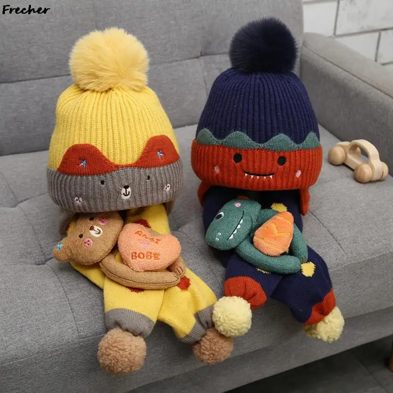 2PCS Kids Lovely Animal Scarf Hat Set Beanie Cap Warm Wool Skullies Beanies Knitting Balaclava Baby Winter Dolls Bonnet Hats