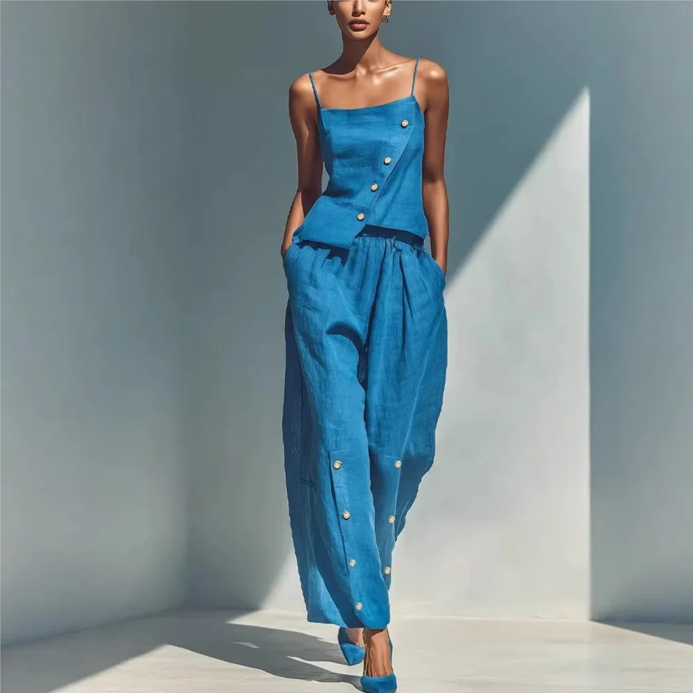 

Elegant 2 Piece Set Camisole Top High Waist Summer Women's Casual Button Sleeveless Square Neck Tops Wide Leg Pants Suit