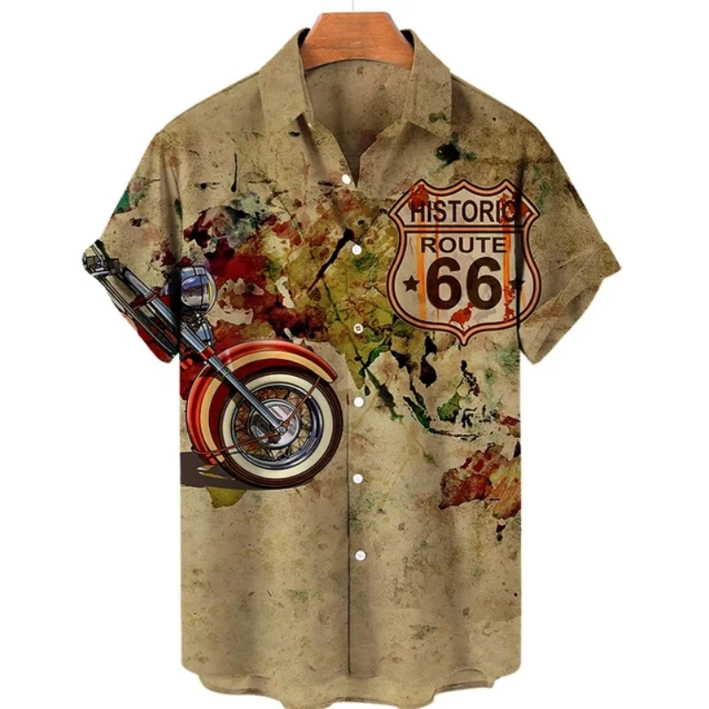 Hawaiian Shirts For Men American Route 66 Printed T-Shirts Summer Loose Vintage Lapel Button Shirt Oversized Men's Clothing Tops