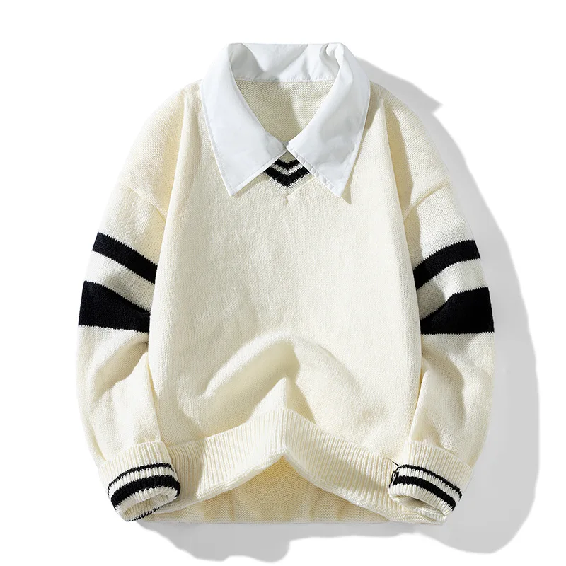 

2025 men's fashion new, striped color matching fake two casual sweater
