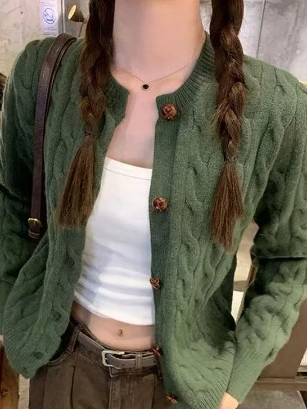 

American Retro een Twisted Knitted Sweater Women's Autumn Winter New Soft Ele Outerwear Cardigan Top Polyester Fiber