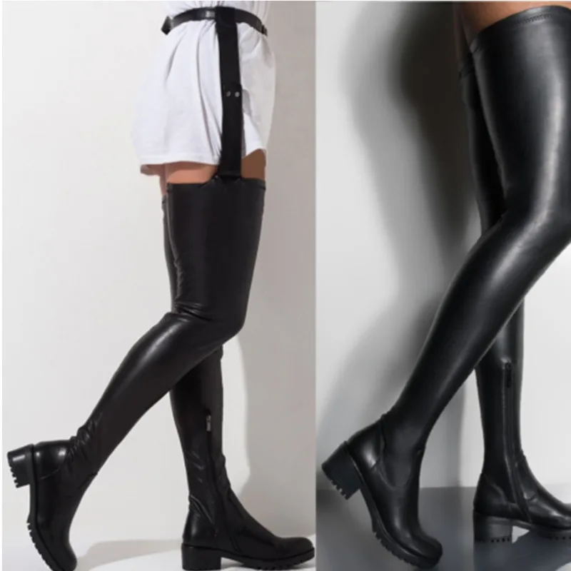 Large Size 41-46 Low Heel Belt Buckles Leg Boots Women Over Ther Knee Boots Leather Boots Shoes