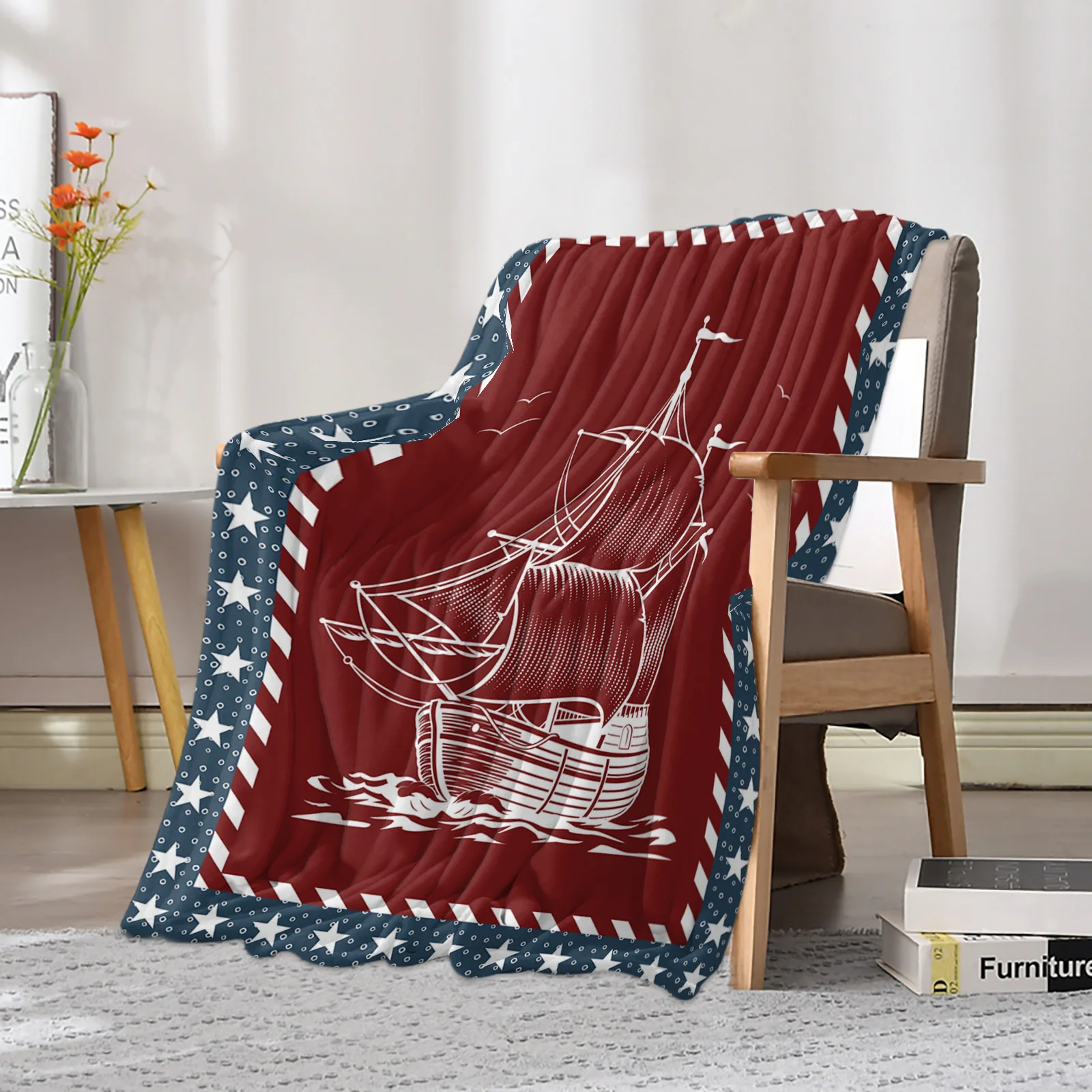 Five-Pointed Star Sailing Ship Printed Throw Blanket Flannel Fleece Blankets Soft Throws for Sofa Couch Bed Bedroom Bedspread