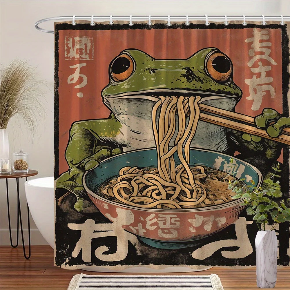 1pc Retro Frog Noodle Shower Curtain - Vintage 1960s Japanese Style, Green Frog Holding Chopsticks & Eating Noodles, Nostalgic B