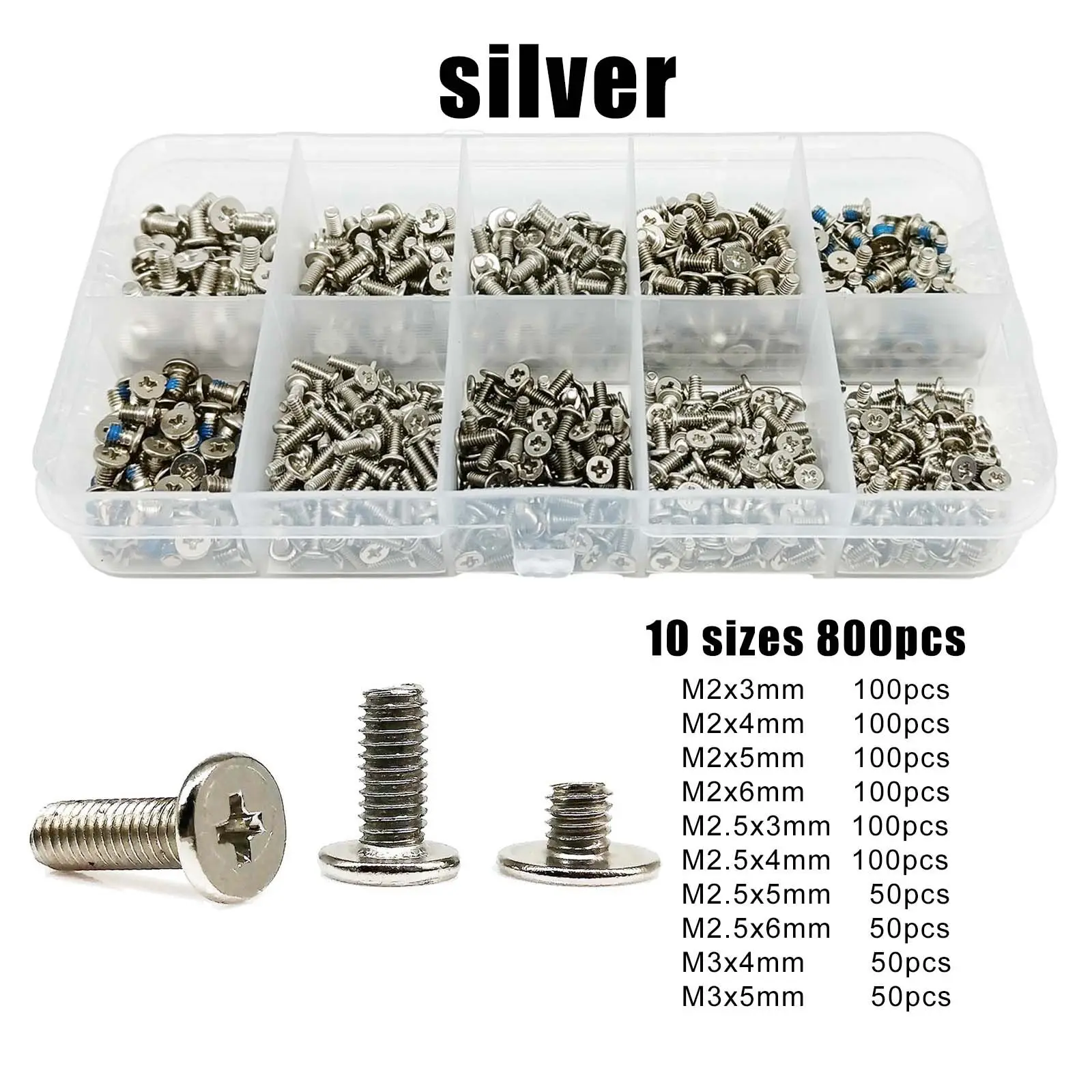 800pcs M2 M2.5 M3 Steel Phillips Thin Flat Wafer Head Screw Bolt Assortment Kit Set Box for Laptop Computer Electronic Products