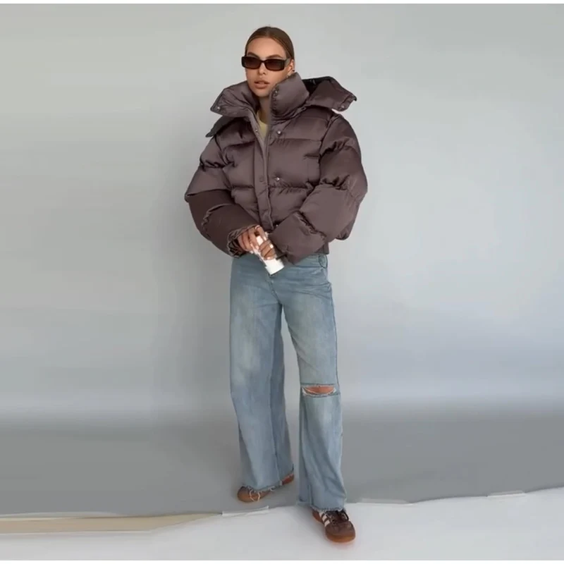 Solid Hooded Cropped Puffer Jacket Women Stand Collar Snap Button Loose Long Sleeve Jackets 2026 Winter Casual Warm Padded Coat