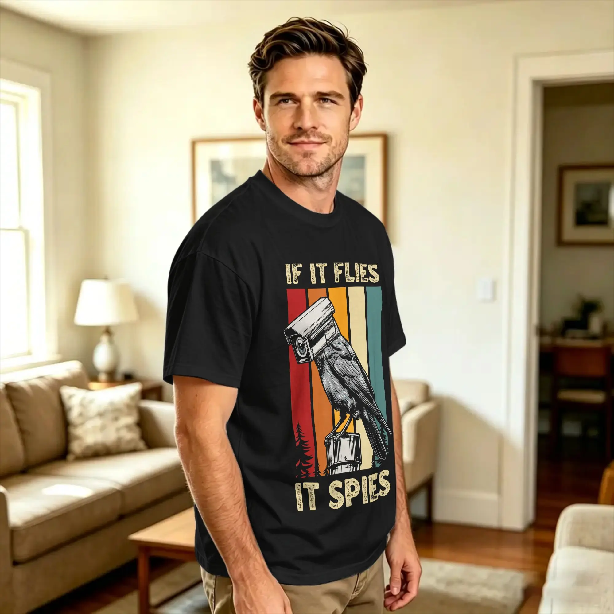 Vintage T Shirt Beach If It Flies It Spies Funny Spy Bird Conspiracy Theory Retro Trendy Cool T-Shirts  Pure Cotton Tshirt