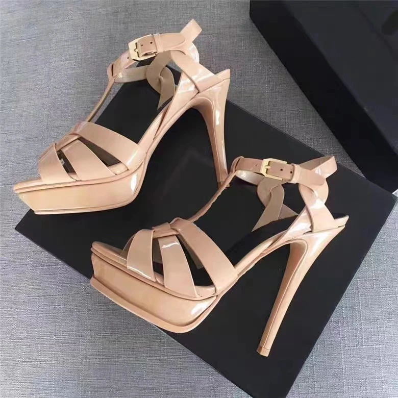 Top quality luxury Brand Designer Summer Patent Leather Women 14 CM High Heels Platform Sandals Shoes for Women Multi Colors