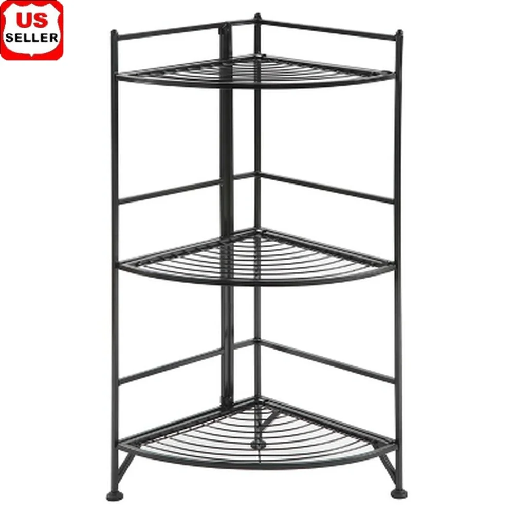 

3 Tier Folding Metal Corner Shelf Easy Assembly Adjustable Feet Space Saving Storage Unit Kitchen Office Garage