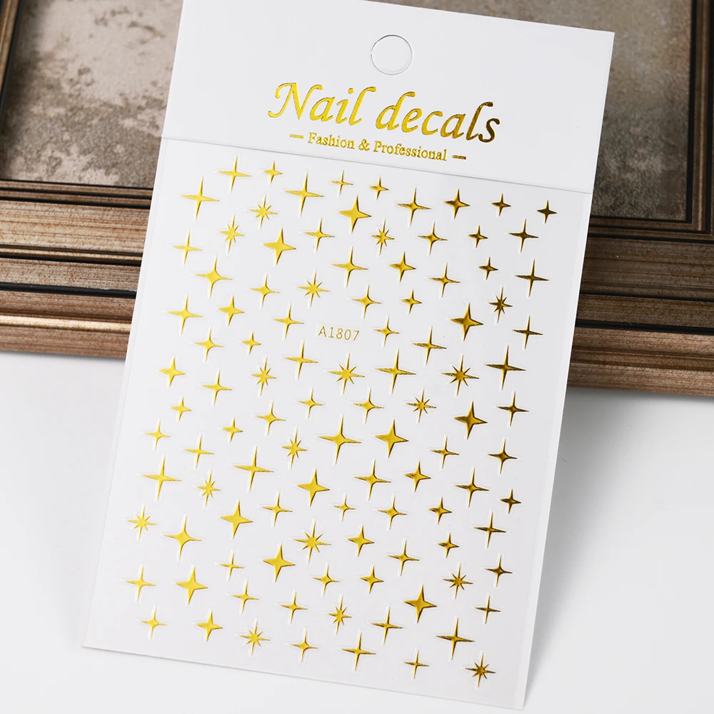 3D Gold Silver Star Y2K Nail Art Sticker Bronzing Laser Sparkle Star Nail Decal Self-Adhesive Metal Gold/Silver Star Slider