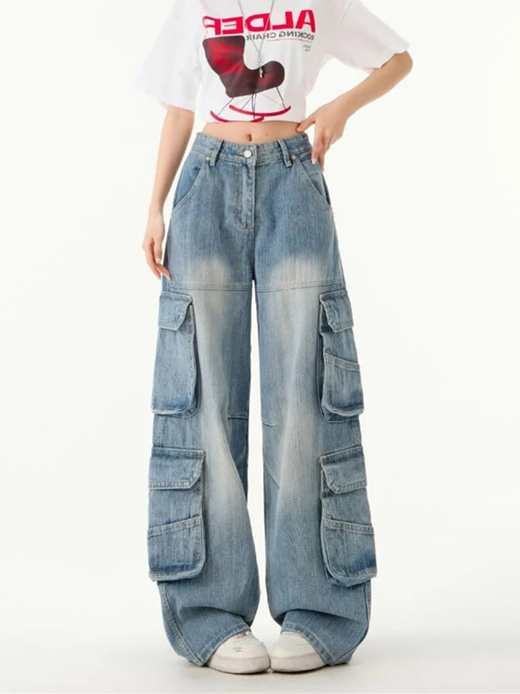 

American style retro multi pocket workwear jeans women's summer high street bamboo pattern design loose wide leg pants