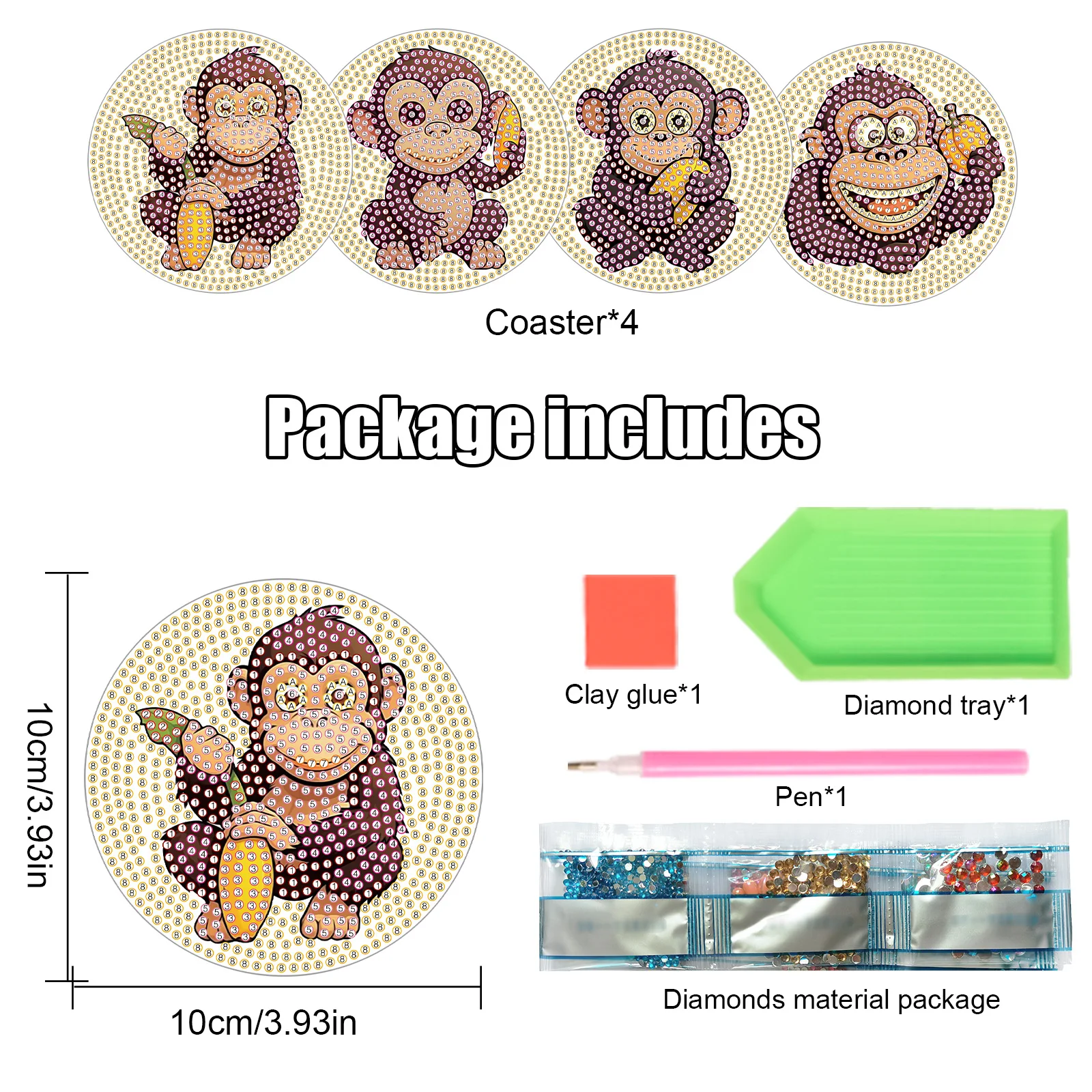 4 قطع من مجموعات الوقايات اللوحة الماسية للبالغين، لوحة طاولة لطيفة على شكل قرود ماسية مع حامل للمكتب وحصيرة الأكواب هدية ديكور #2