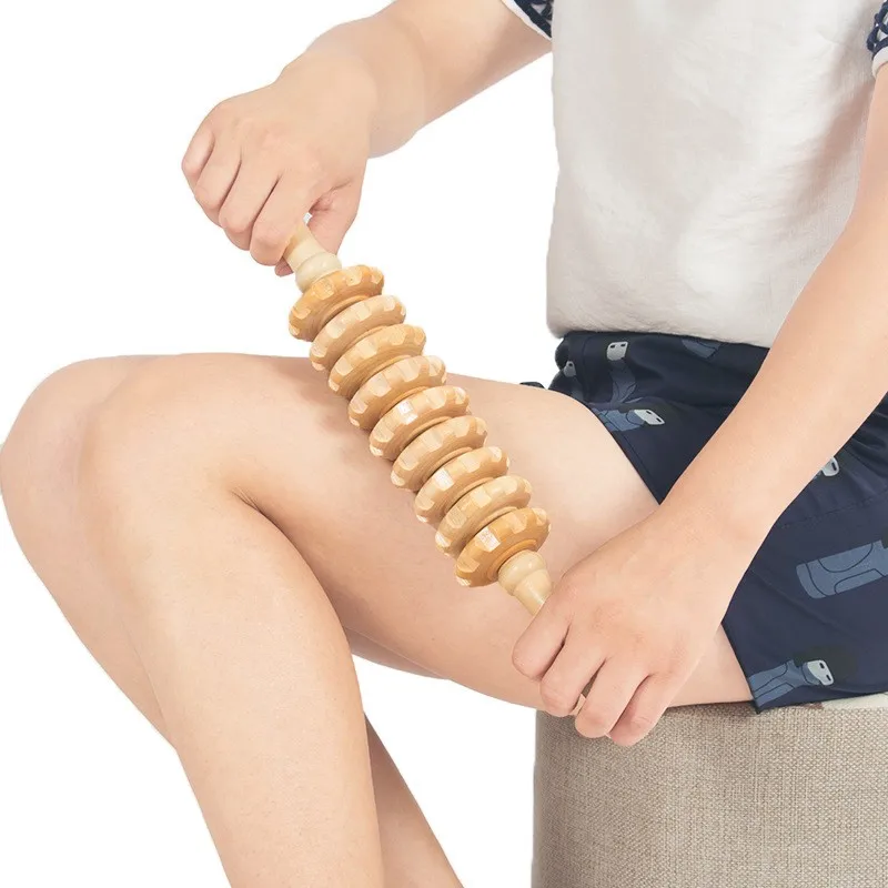 

1pc Body Fascia Massager Anti-slip Handle Wood Grooved Gear Arms Legs Thighs Buttocks Smooth Roller Massager for Back Relaxation
