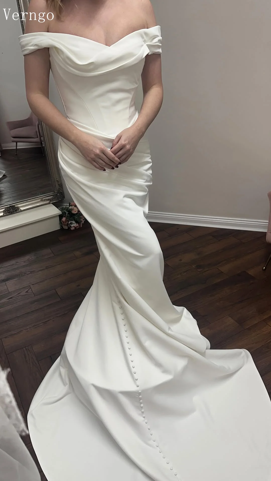 Verngo lvory Satin Wedding Dress Off The Shoulder Mermaid Button Bridal Gown Sweap Train Civil Bride Dresses 2026 Customized