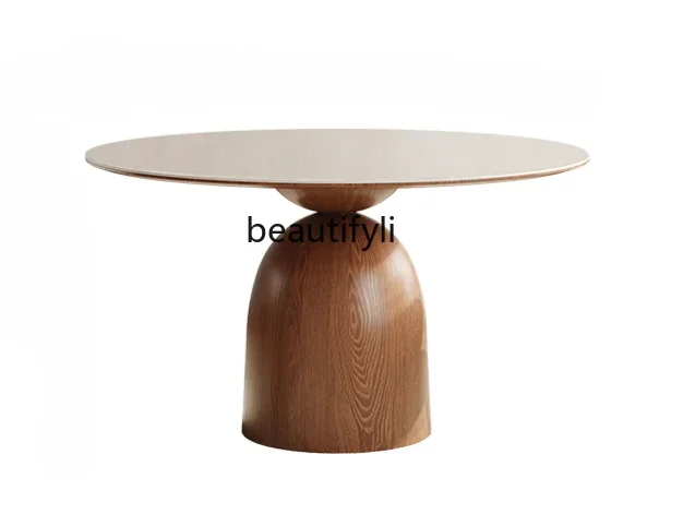 

French Style Antique Solid Wood Dining Table round Band Turntable New Homehold Walnut Color Retro