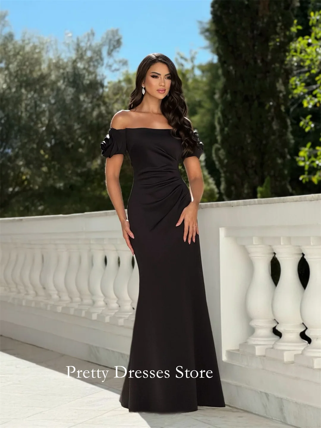 

С открытыми плечами Модный стиль Русалка Черные плиссированные вечерние платья с короткими рукавами Индивидуальные вечерние платья для выпускного вечера для женщин и невесты