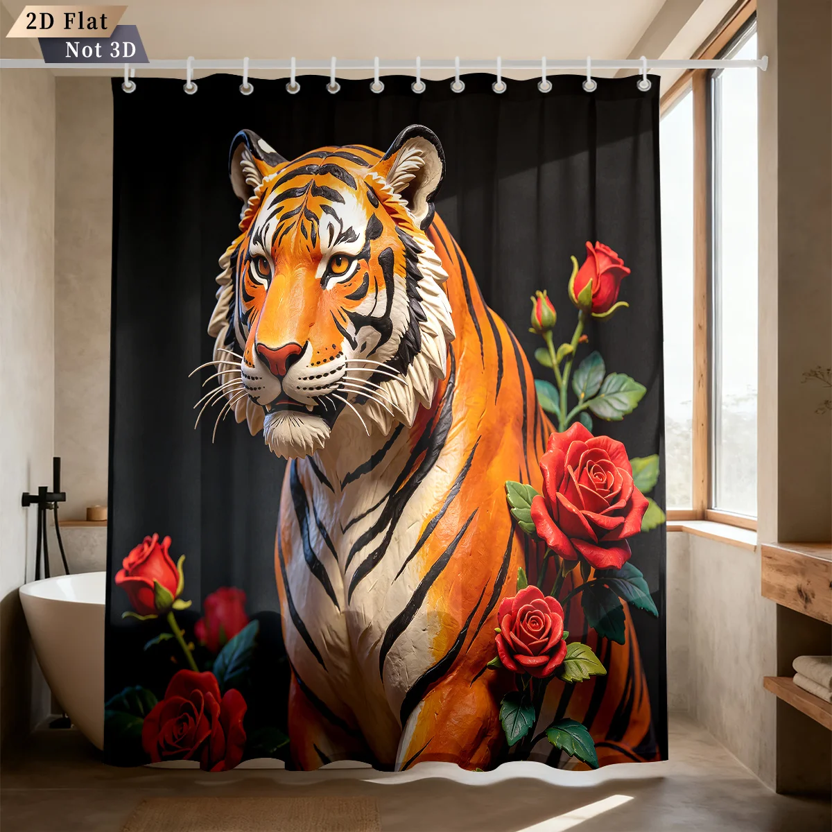 Striking Wild Tiger Surrounded by Vivid Red Roses Art Bath curtain Comfortable Warm t Indoor Outdoor Cool