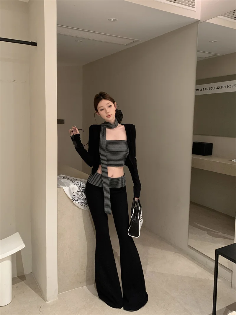 

Spicy Girl Style Cardigan with Sash Women's Inner Tank Top Three-Piece Set Casual Pants High Waist Spring Slimming Outfit
