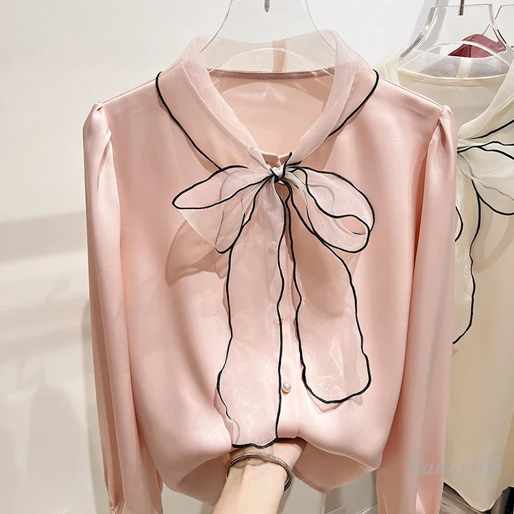 

Stand Collar Organza Lace-up Bow Long Sleeve Chiffon Shirt 2024 Autumn Blouse New French Pullover Top for Women OL Blusas