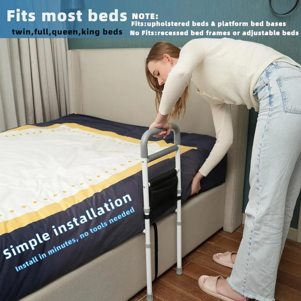 ราวกั้นเตียงปรับระดับได้สำหรับผู้สูงอายุ - ป้องกันการตกพร้อมช่องเก็บของ เหมาะกับทุกขนาดเตียง