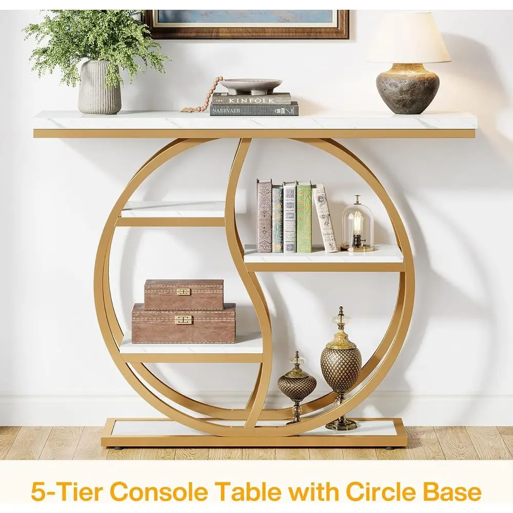 5-Tier Adjustable Entryway Table with Storage Shelves, White Gold Finish for Living Room, Hallway, or Behind Sofa