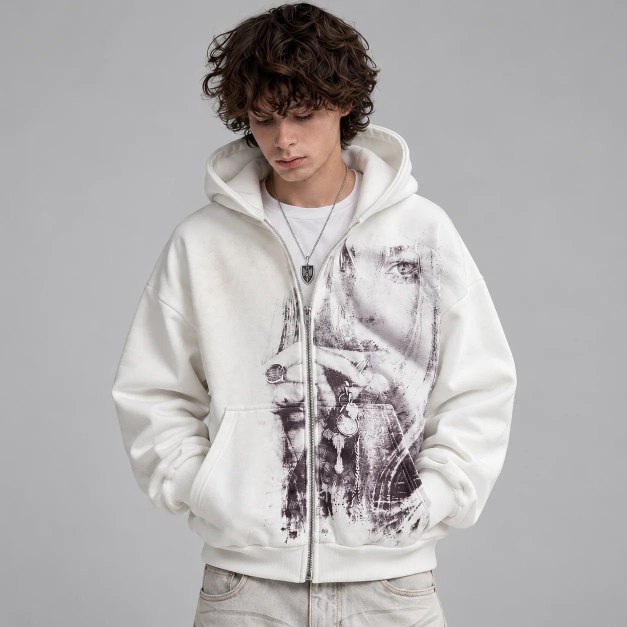 Y2K Oversized Zip Up Hoodie Vintage Grunge Portrait Graphic Print White ...
