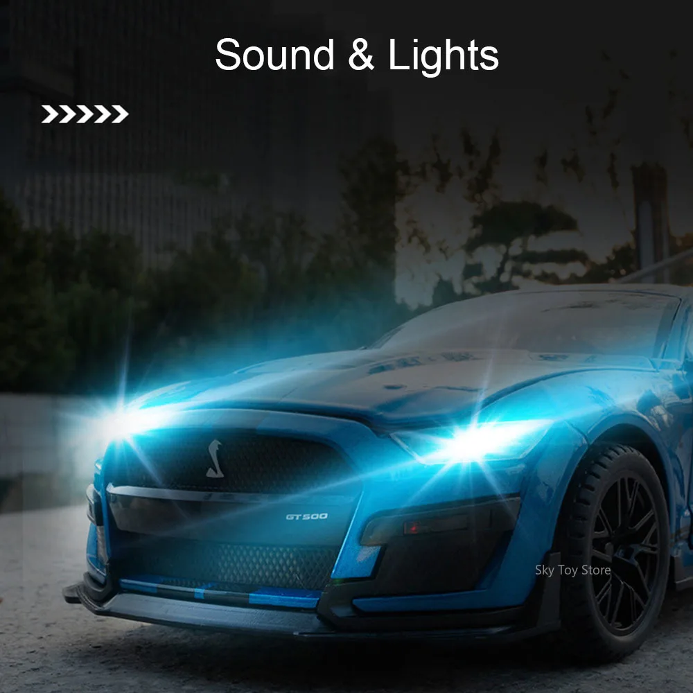 1:18 マスタング GT500 GTR スカイライン 合金ダイキャストカー おもちゃ モデル サウンド ライト プルバック ドア開閉 ミニチュア車両 男の子 大人 ギフト
