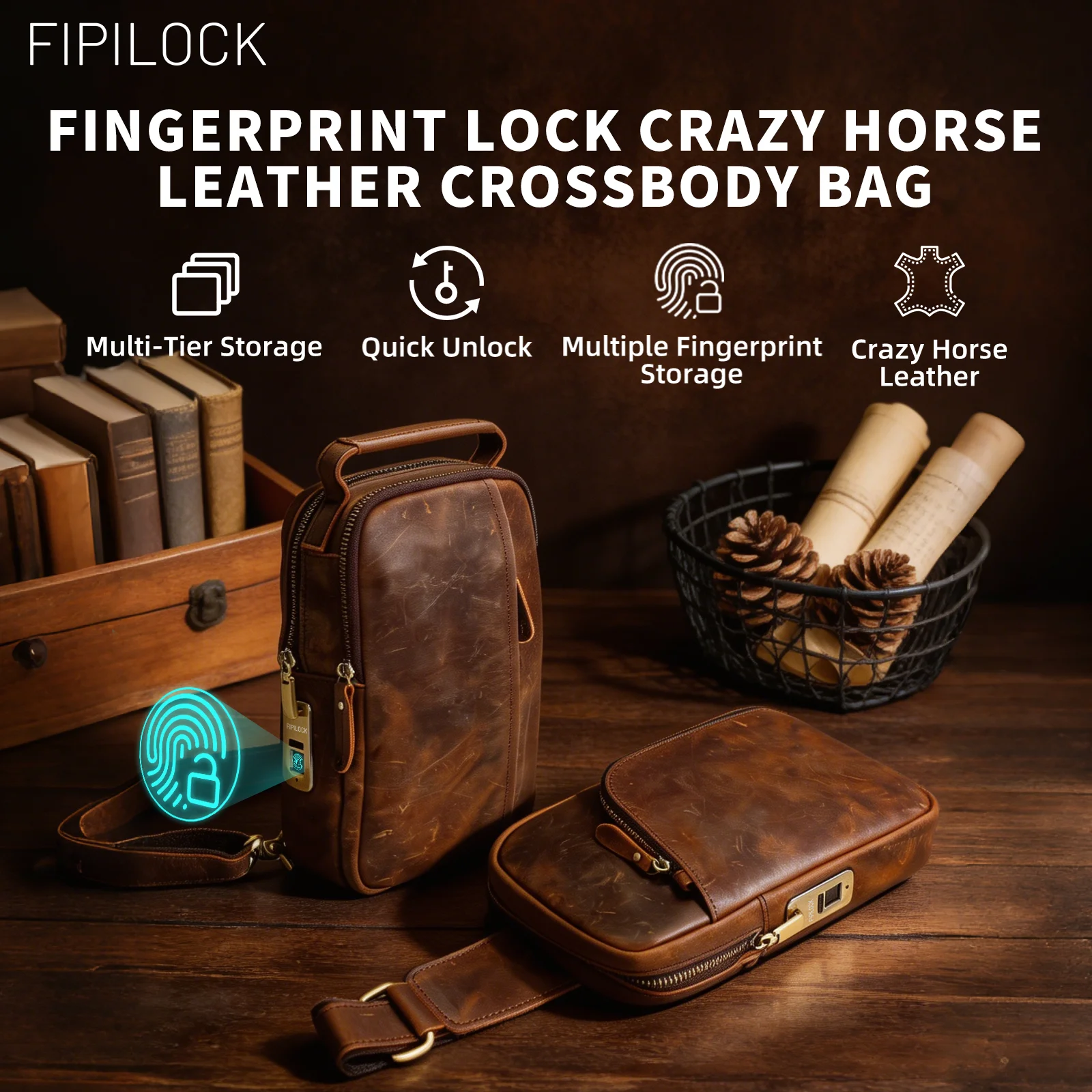 FIPILOCK Shoulder Sling Bag Chest Bag Crossbody Bag Crazy Horse Leather with Fingerprint Unlock Casual Coffee Classic Vintage