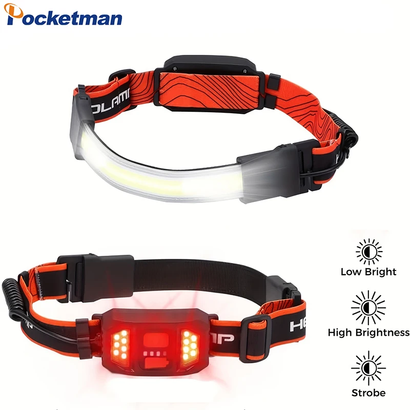 

Rechargeable LED Headlamp USB Charging Headlight Portable Wide Beam Outdoor Bright Head Lamp with 3 Modes Red tail light