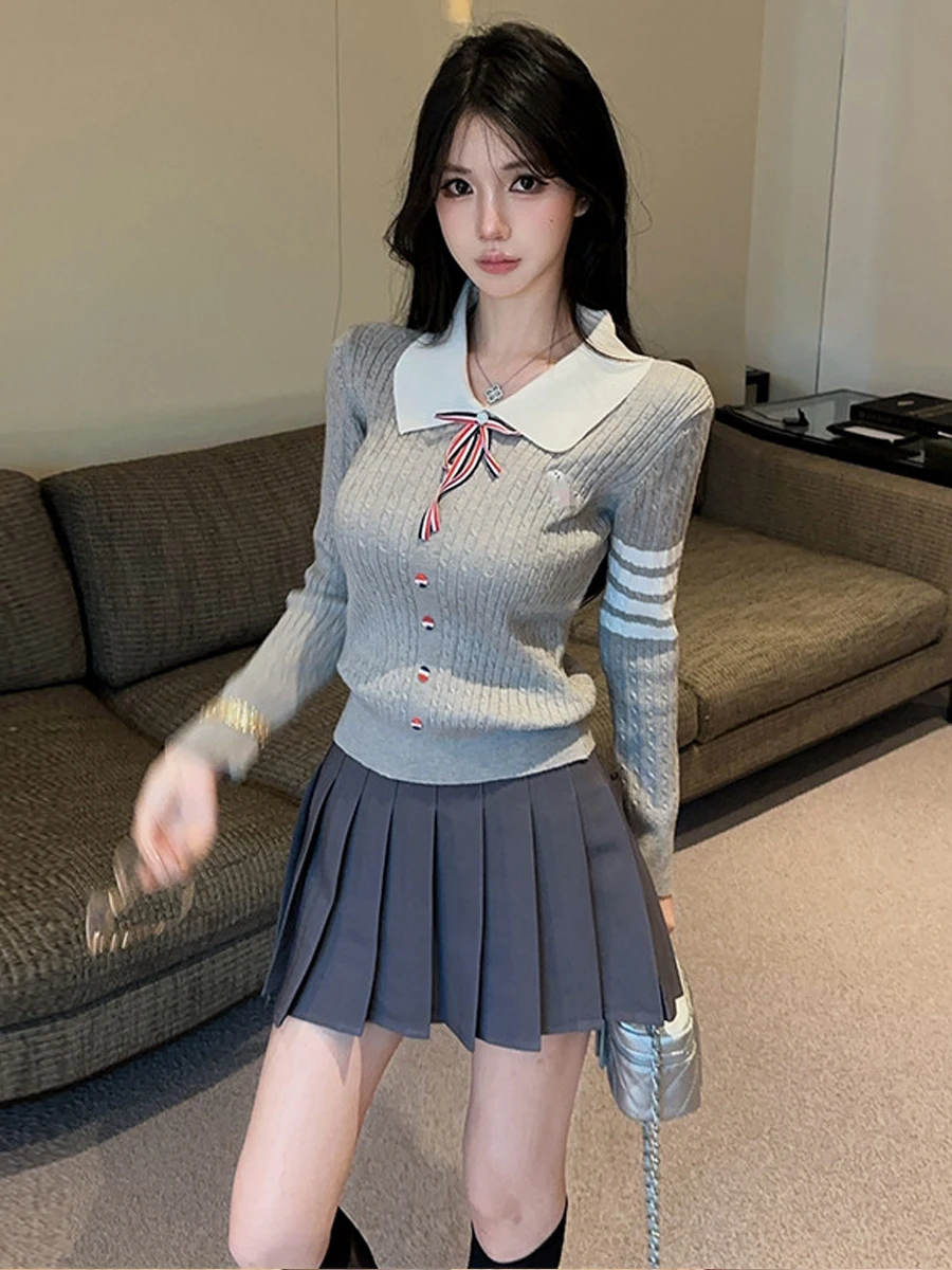 Korean Sweet School Girl Style  Knot  Neck Knitted Sweater High Waist Pleated Skirt Anti-Aging Elegance Set for ...