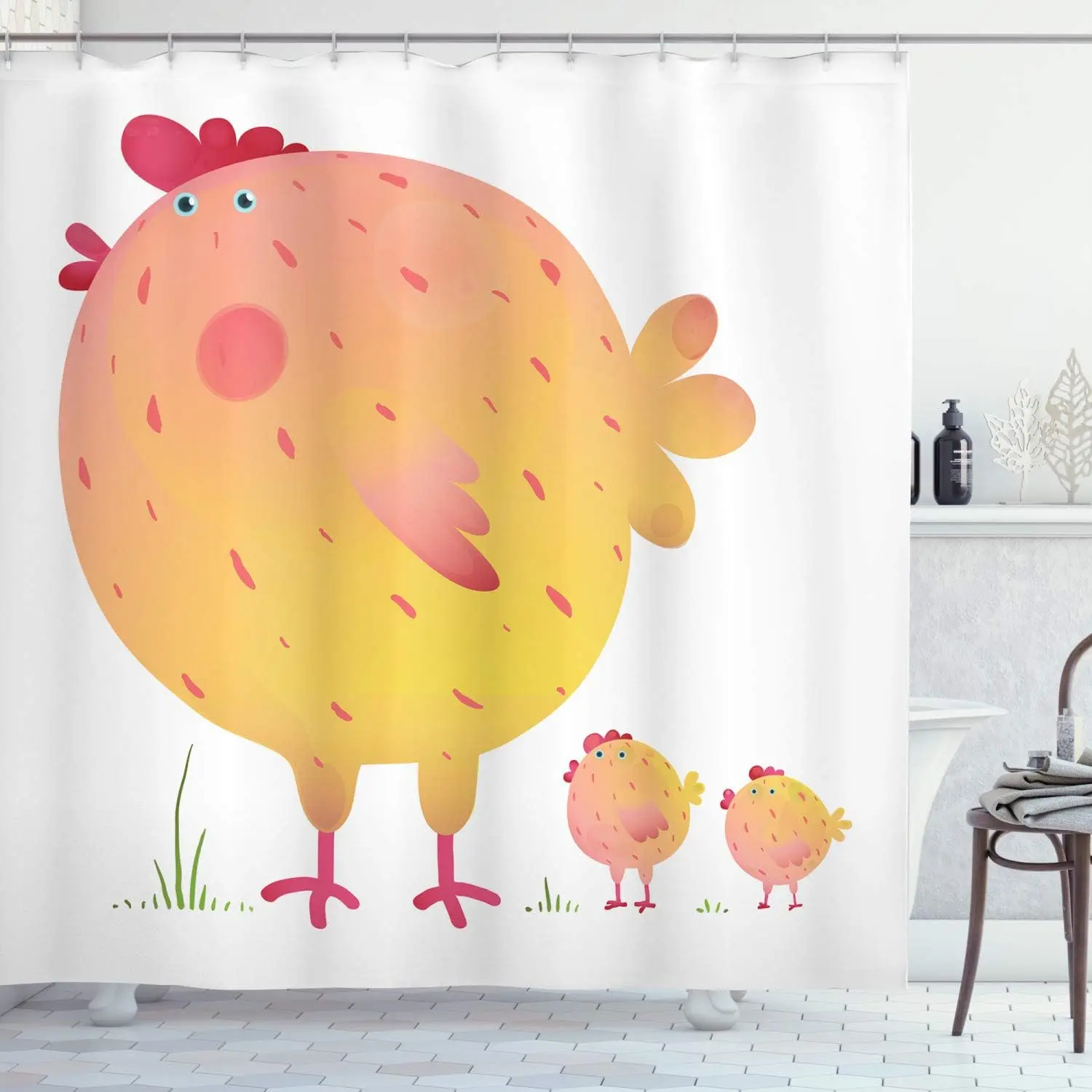 Chicken Shower Curtain, Mother Hen and Chicks Farm Animals Agriculture Family Theme, Cloth Fabric Bathroom Decor Set with Hooks