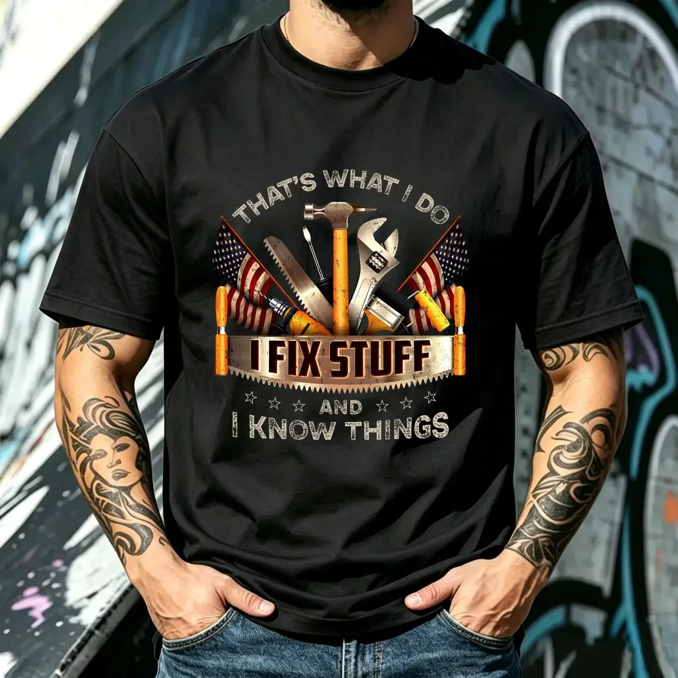 washed T Shirt That's What I Do Fix Stuff And Know Things Design long or short sleeves vintage Washed graphic Slightly