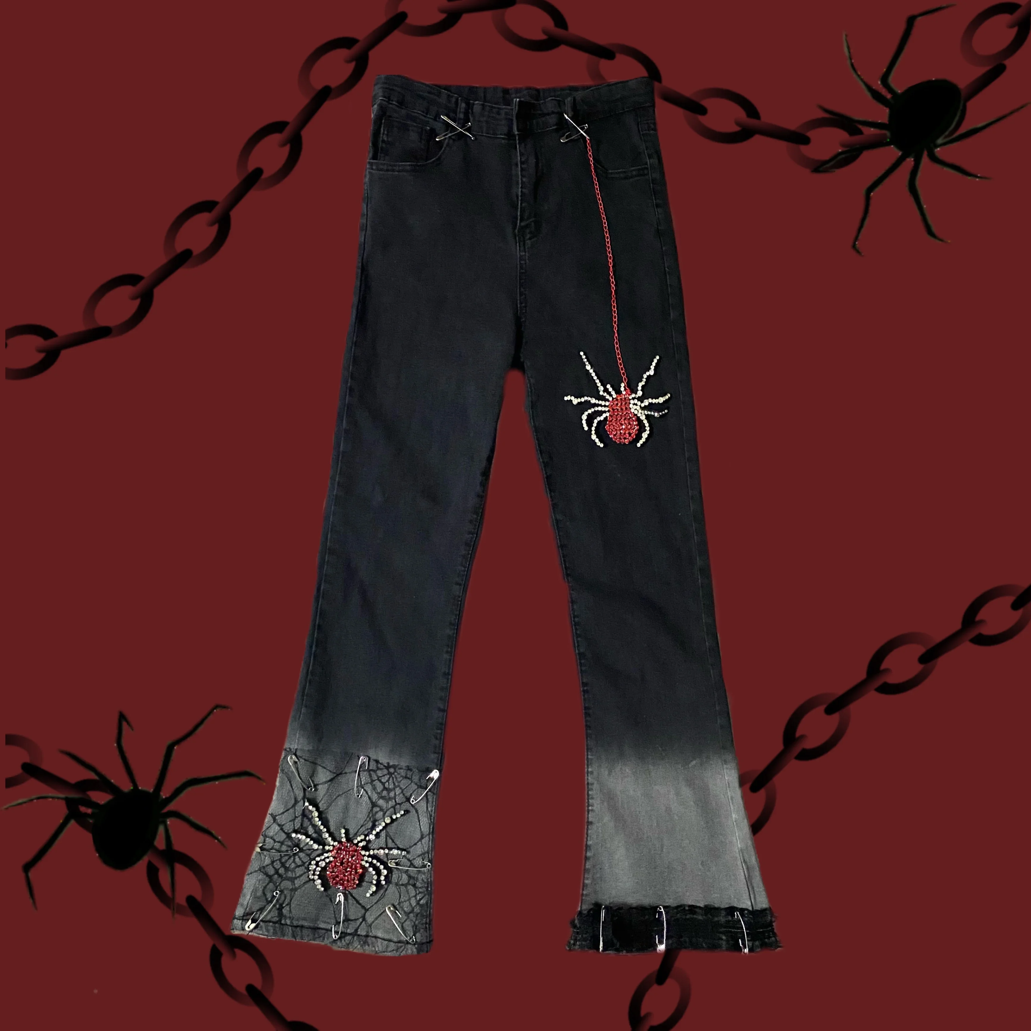 

Diamond Spider Beading cobweb lace patch Flare Pant Women Hot Girls Punk Gothic Grunge Vintage Black Grey Mopping pants Capris