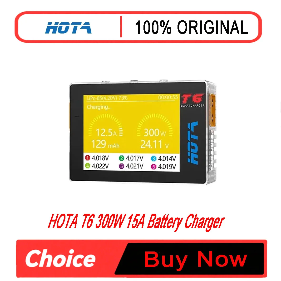 HOTA T6 Digital RC Charger - 300W 15A DC Output, PD 90W Input, 1-6S Balance Charge/Discharge for LiPo/NiMh