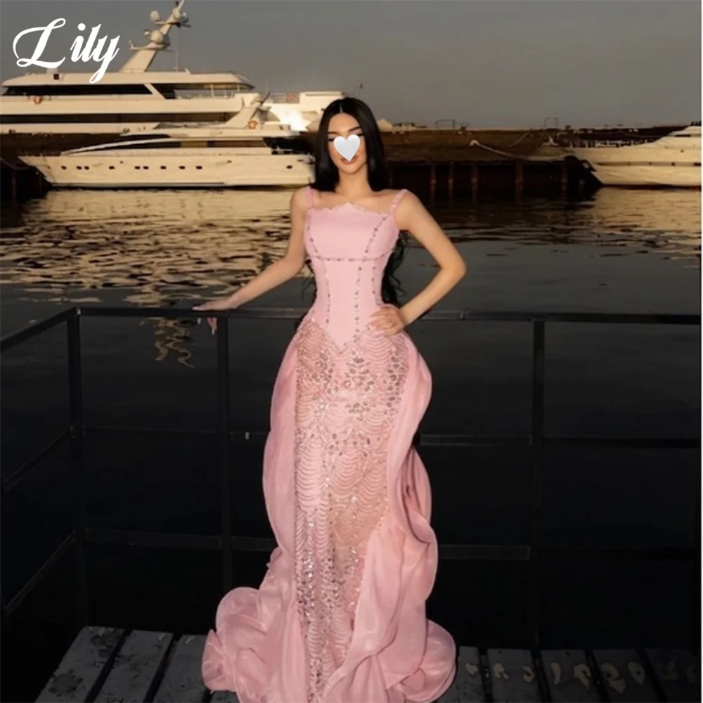 Lily Light Pink Beaded Prom Dress Spaghetti Strap Mermaid Formal Dress with Ruffles Train Evening Dresses for Wedding Customized