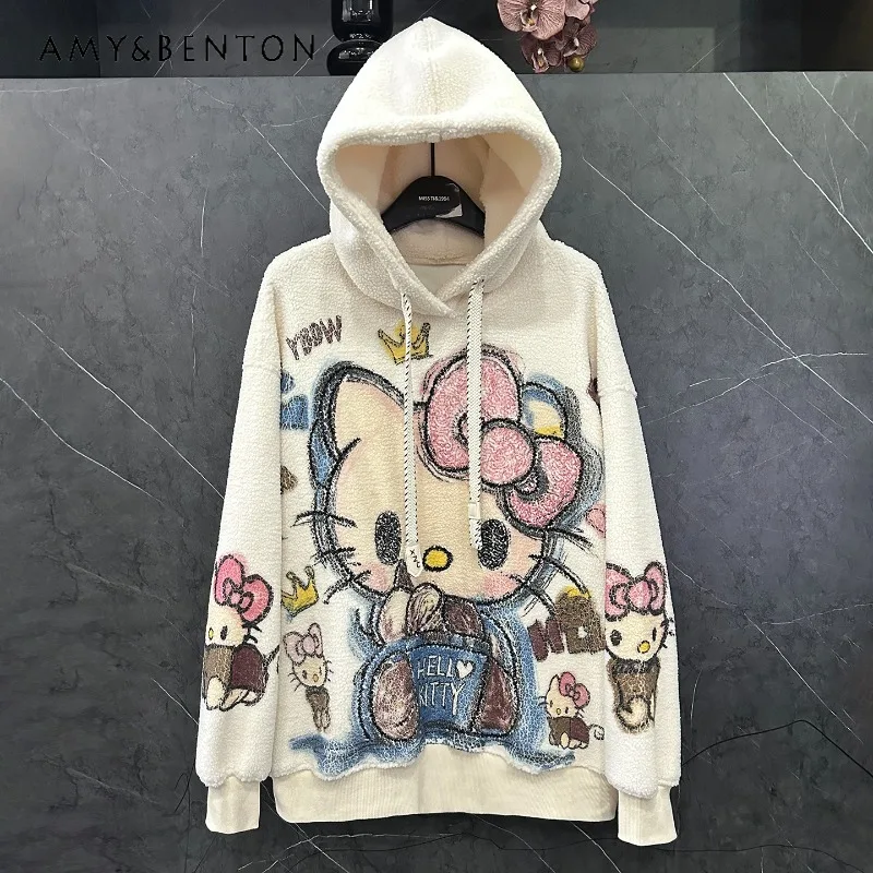

2025 Autumn Winter New Sweet Age-Reducing Cartoon Hooded Sweatshirt For Women's Loose Casual Top Long Sleeved Lace-up Sudaderas