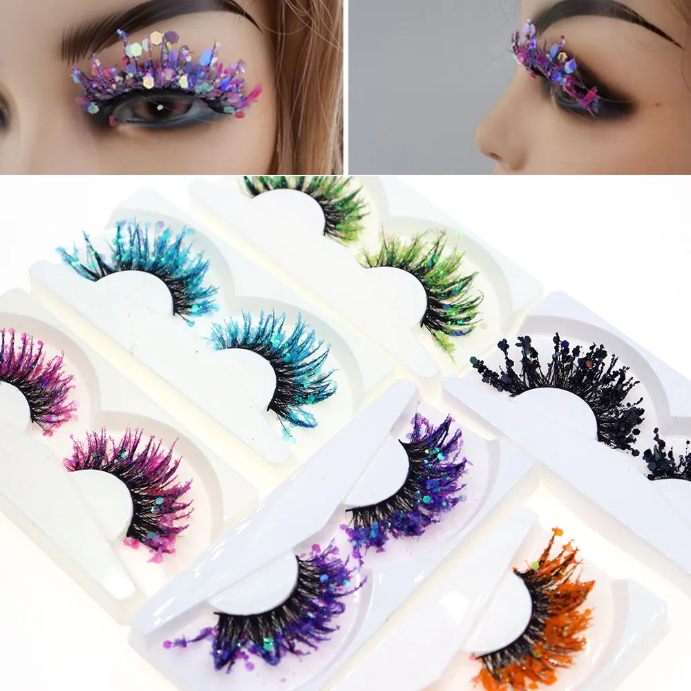 Glitter Lashes Colored False Eyelashes Wispy Lashes 1Pairs Dramatic Lashes Cat Eye Festival Lashes Party